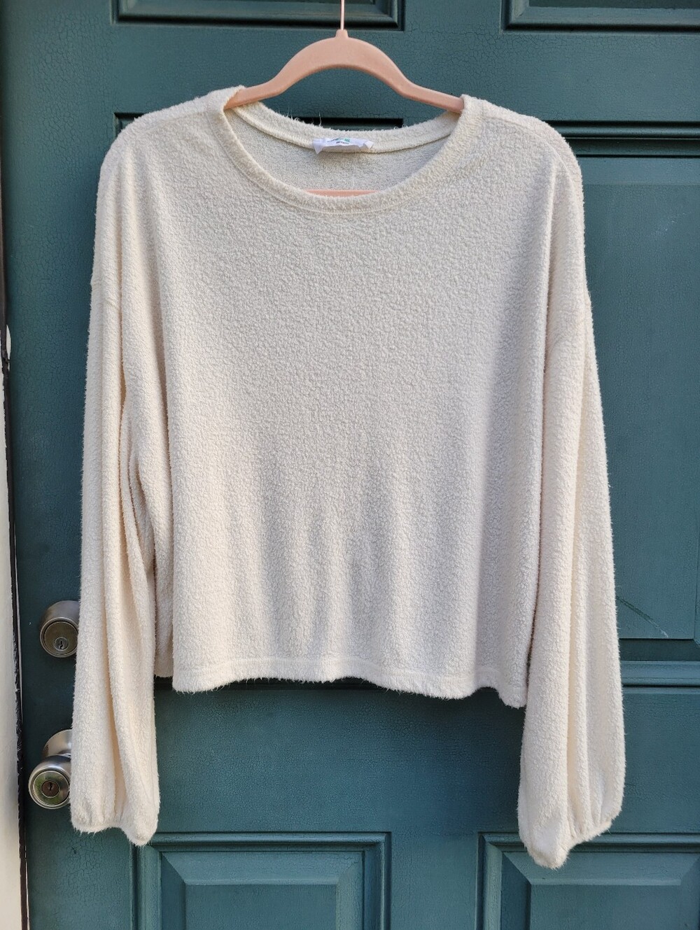 Double Zero Women's Large Ivory Soft Knit Ballon Sleeves Pullover Sweater